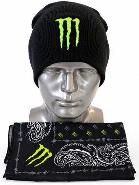 MONSTER ENERGY BLACK KNIT BEANIE HAT & BANDANA SET GREEN LOGO